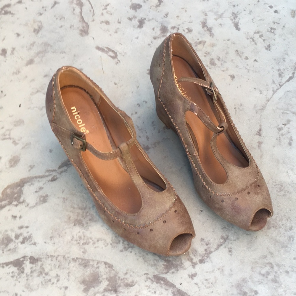Tan nude Mary Jane oxford style peep toe wedges